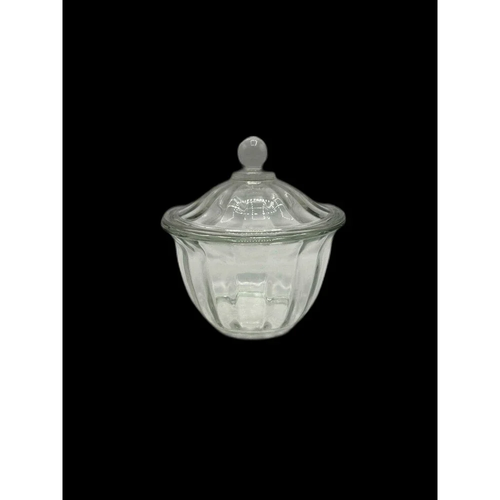 Clear Glass Apothecary Jar Or Candy Dish Ribbed Sides Ball Knob Lid